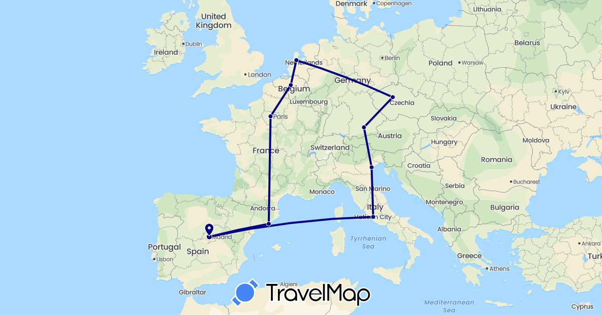 TravelMap itinerary: driving in Belgium, Czech Republic, Germany, Spain, France, Italy, Netherlands (Europe)